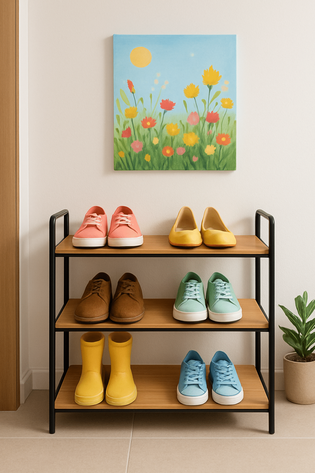 A stylish shoe rack with colorful shoes and a floral painting above it.