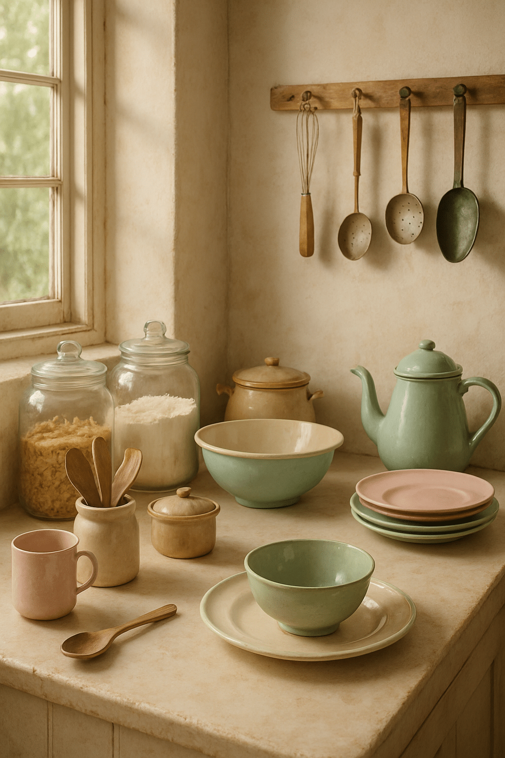 A vintage kitchen counter featuring pastel bowls, plates, and glass jars filled with ingredients.