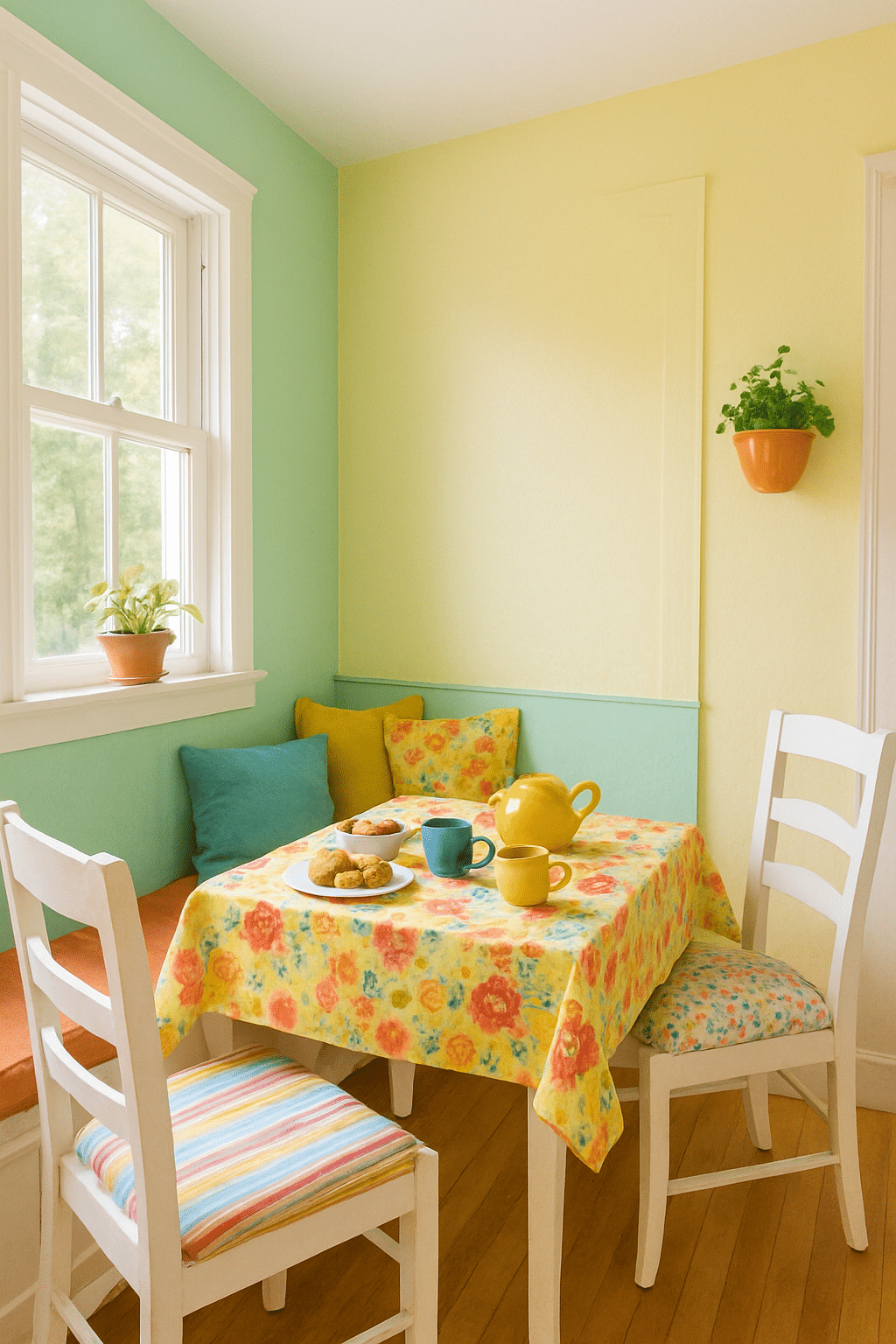 A bright breakfast nook with a floral tablecloth, colorful mugs, and green walls, creating a cheerful spring atmosphere.