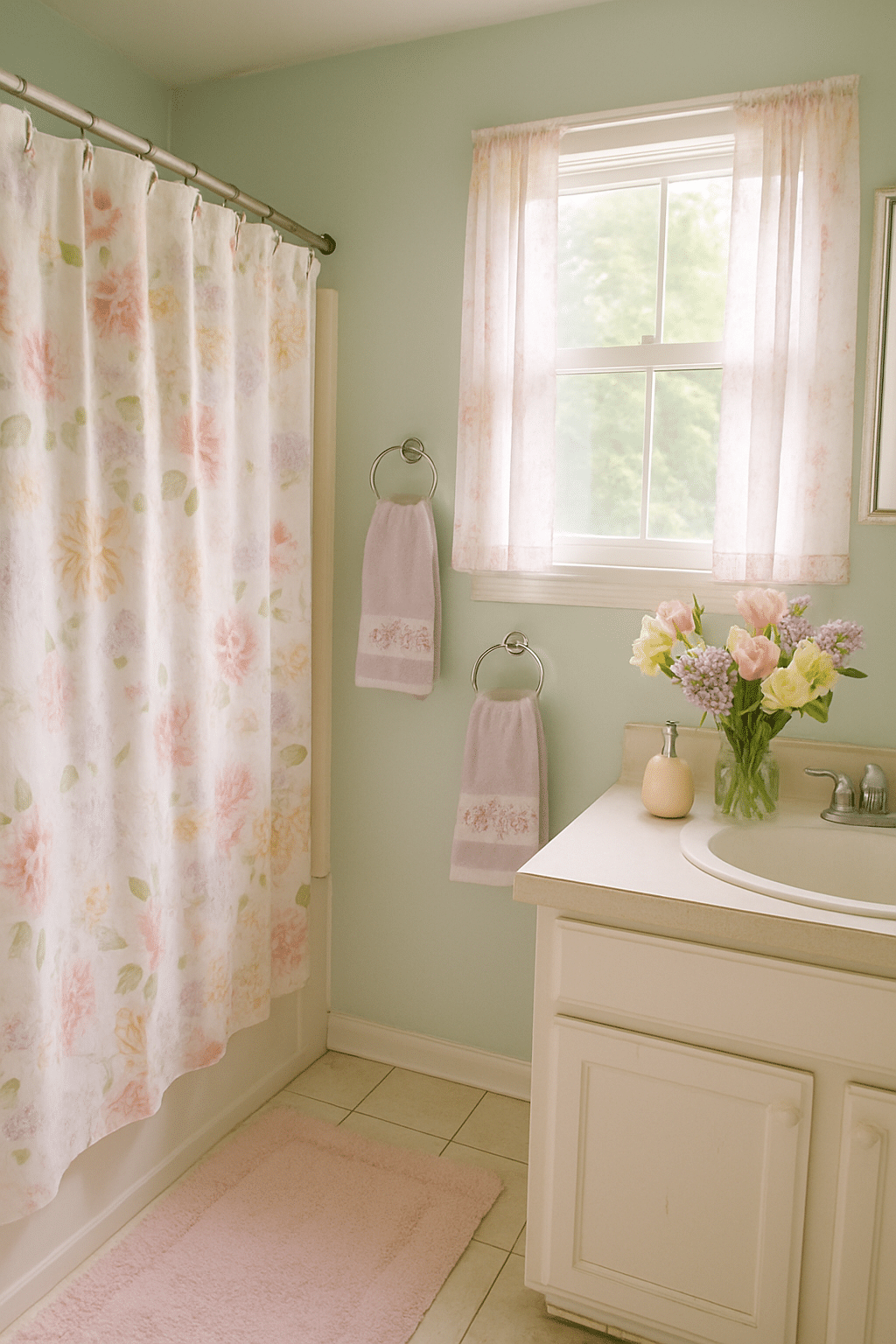 A pastel-themed guest bathroom with floral accents, featuring a mint green wall, floral shower curtain, lavender towels, and a vase of fresh flowers.