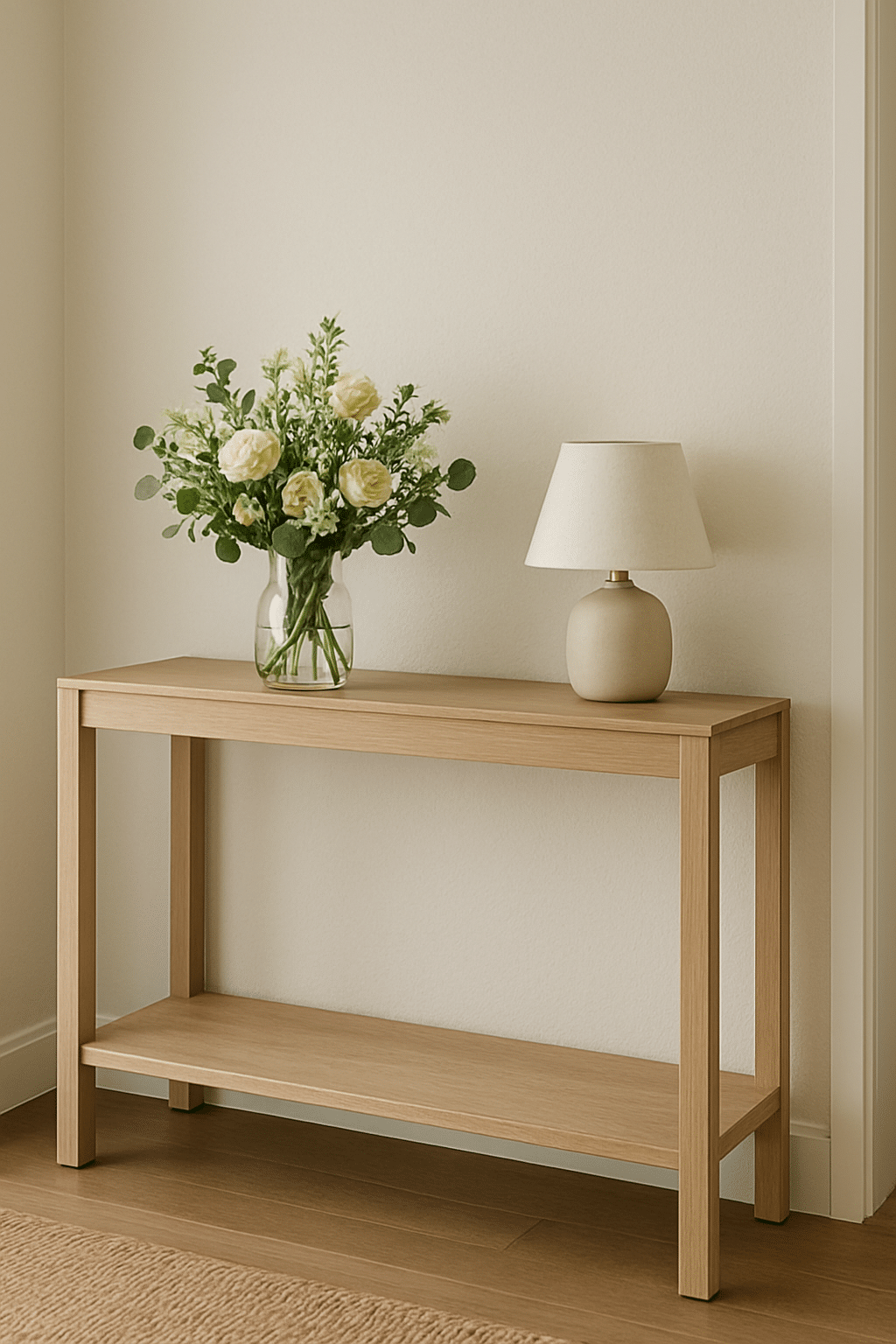 A wooden console table with a vase of flowers and a lamp on top, set against a light wall.