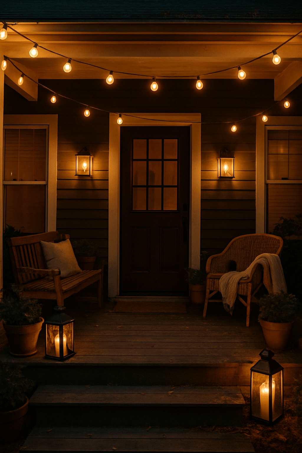 A cozy front porch with warm string lights and lanterns illuminating the area.