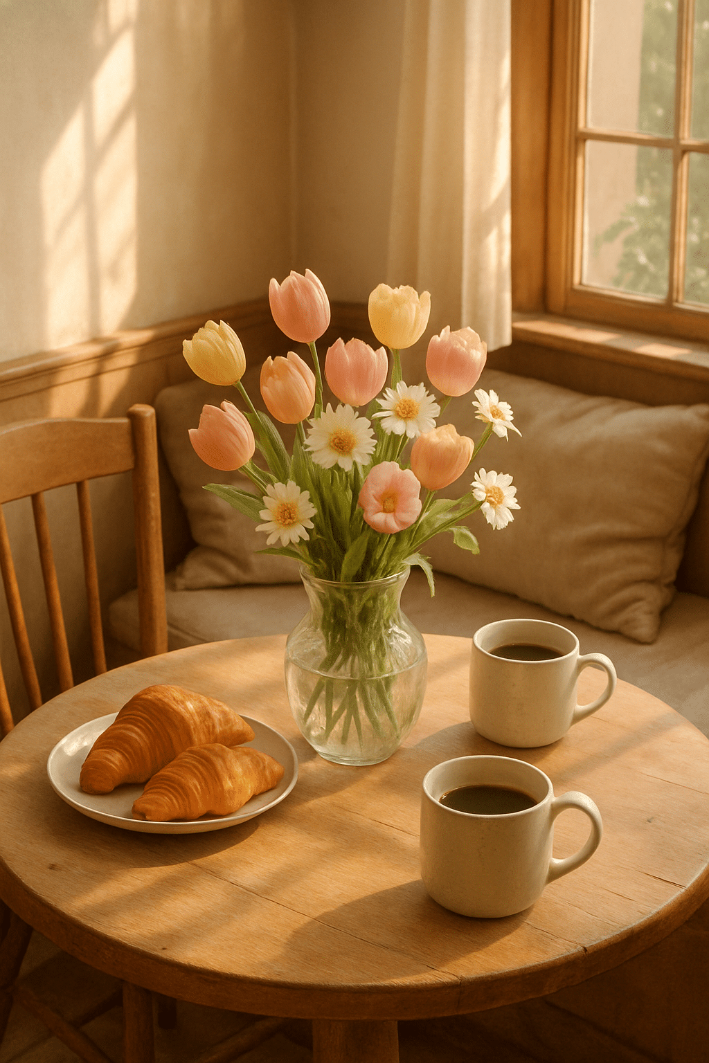 A cozy breakfast nook with a vase of tulips and daisies, croissants on a plate, and two cups of coffee on a wooden table.