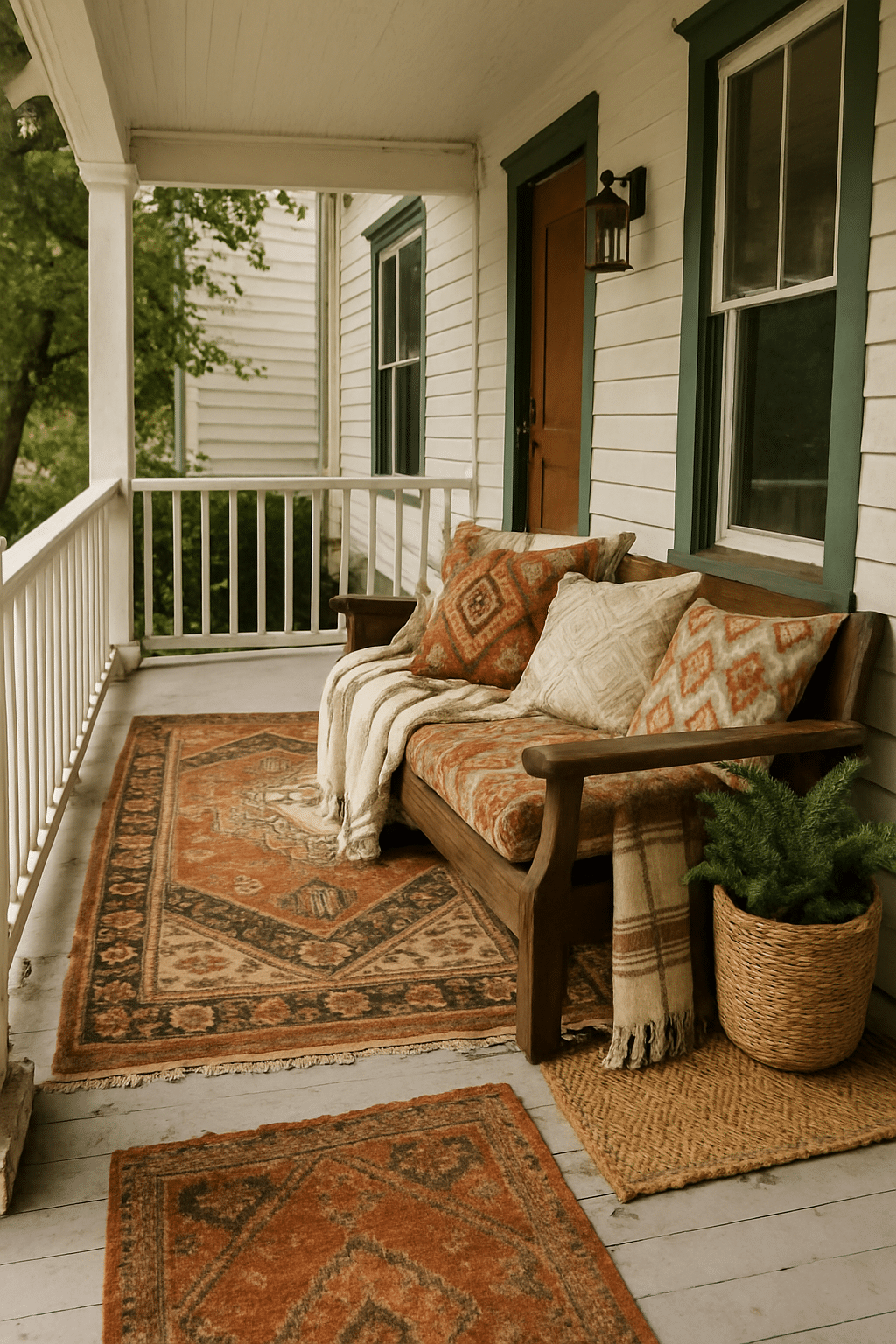 A cozy front porch with a wooden bench, colorful cushions, a throw blanket, and a woven basket with a plant.