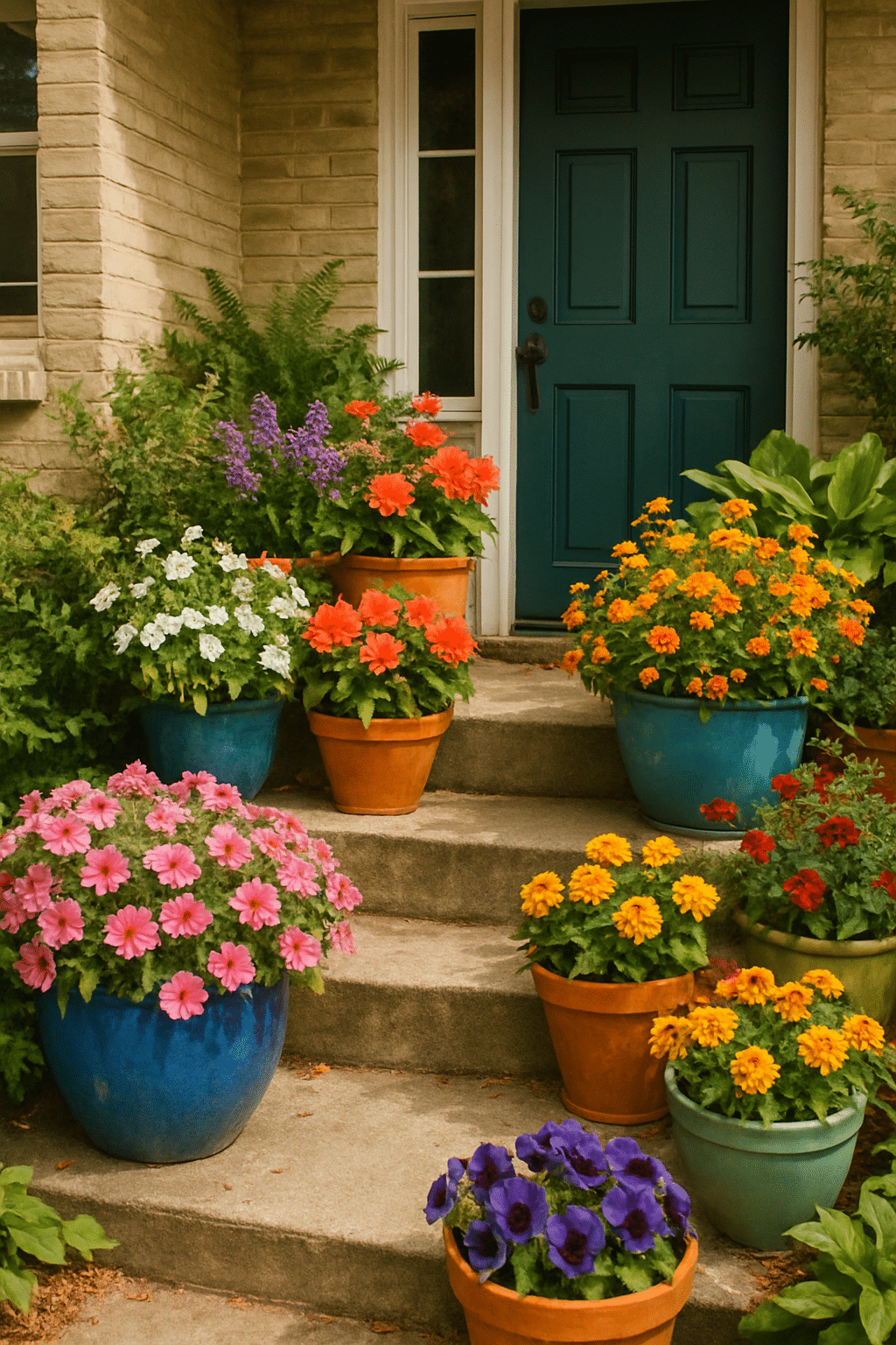A vibrant front porch with colorful flower pots in various sizes, showcasing seasonal blooms.