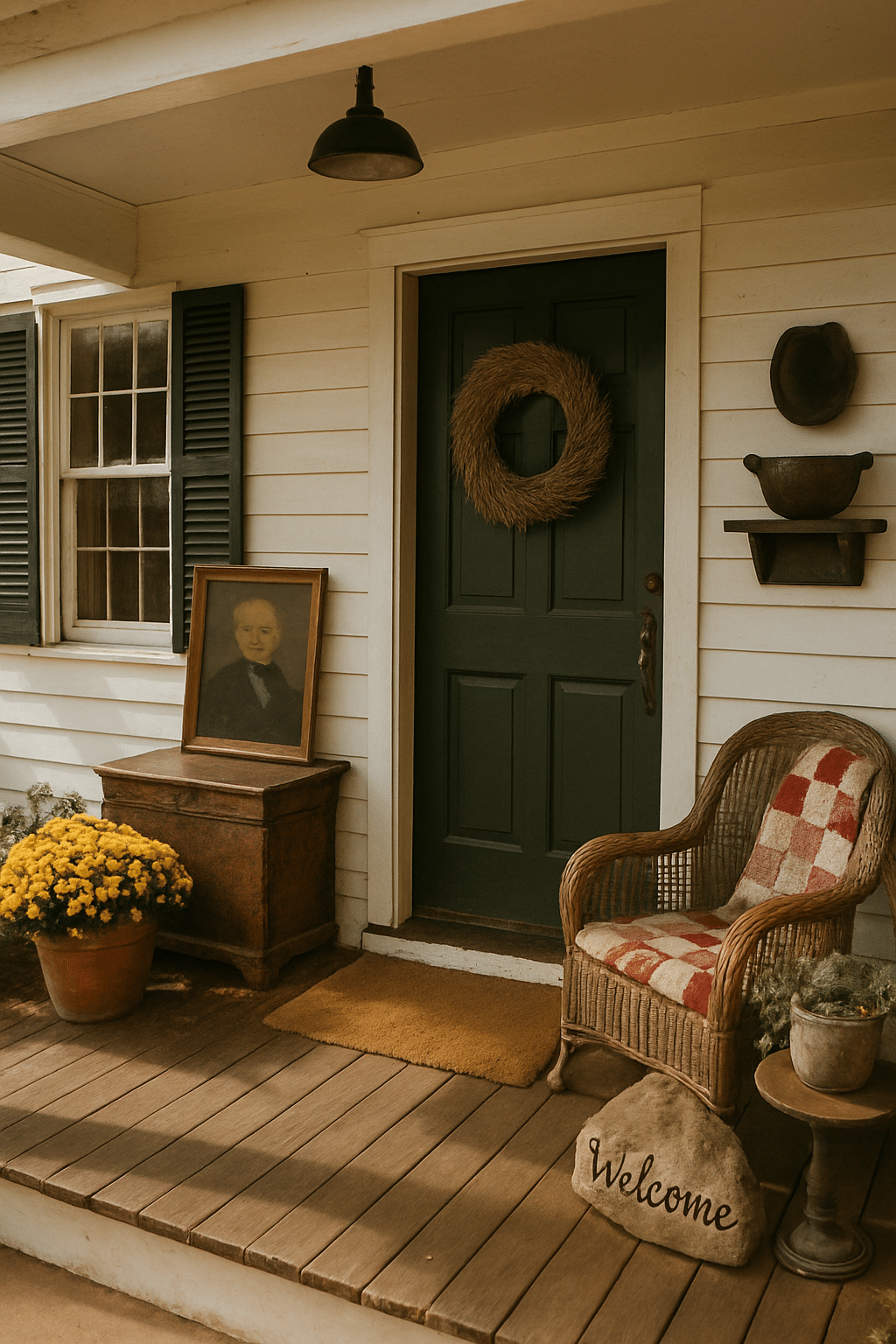 A cozy front porch with a green door, vintage portrait, yellow flowers, and a wicker chair.