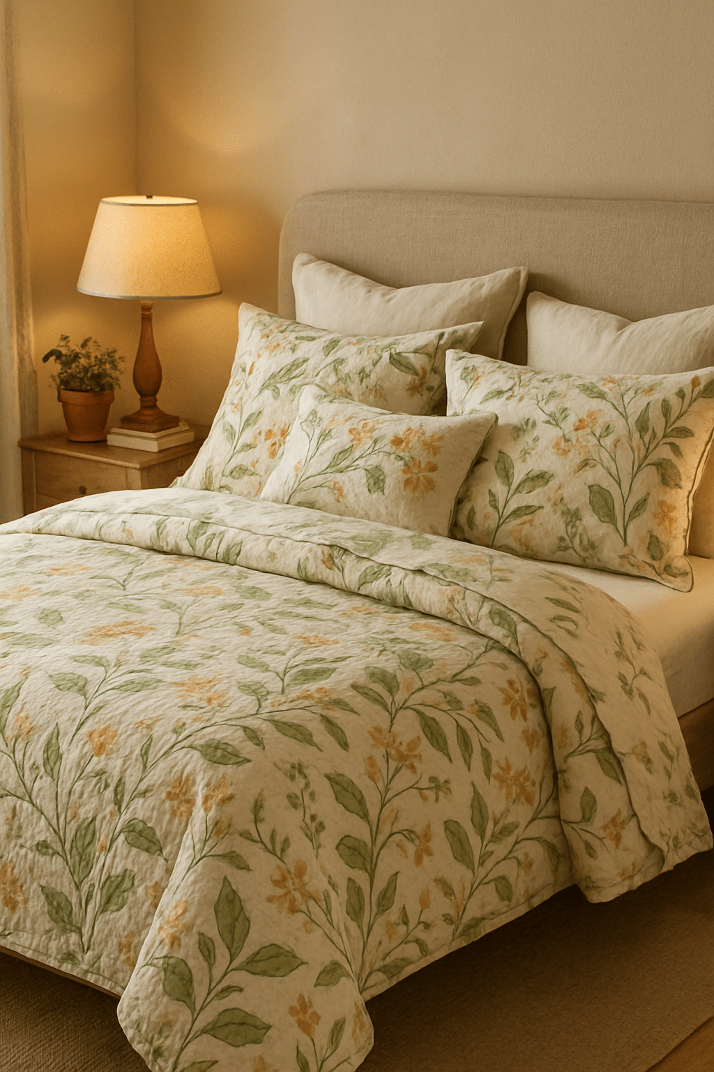 A master bedroom featuring botanical patterned bedding with yellow flowers and green leaves, complemented by matching pillows and a warm bedside lamp.