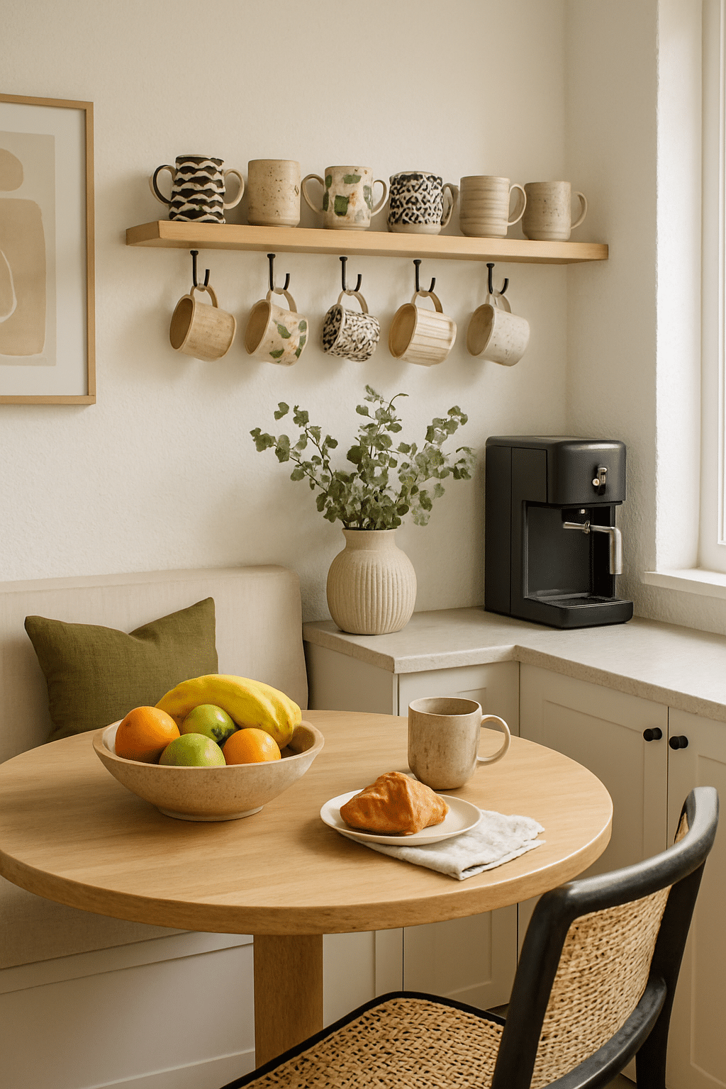A cozy breakfast nook with a round table, fruit bowl, unique mugs on a shelf, and a coffee machine.