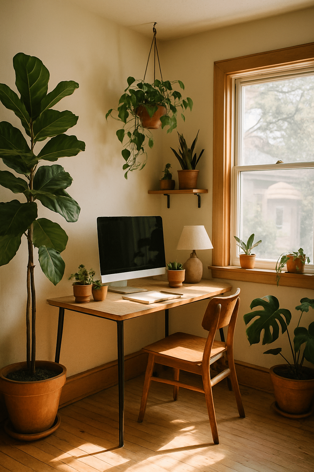 A cozy home office with a wooden desk, computer, and various plants, including a large fiddle leaf fig and hanging greenery.