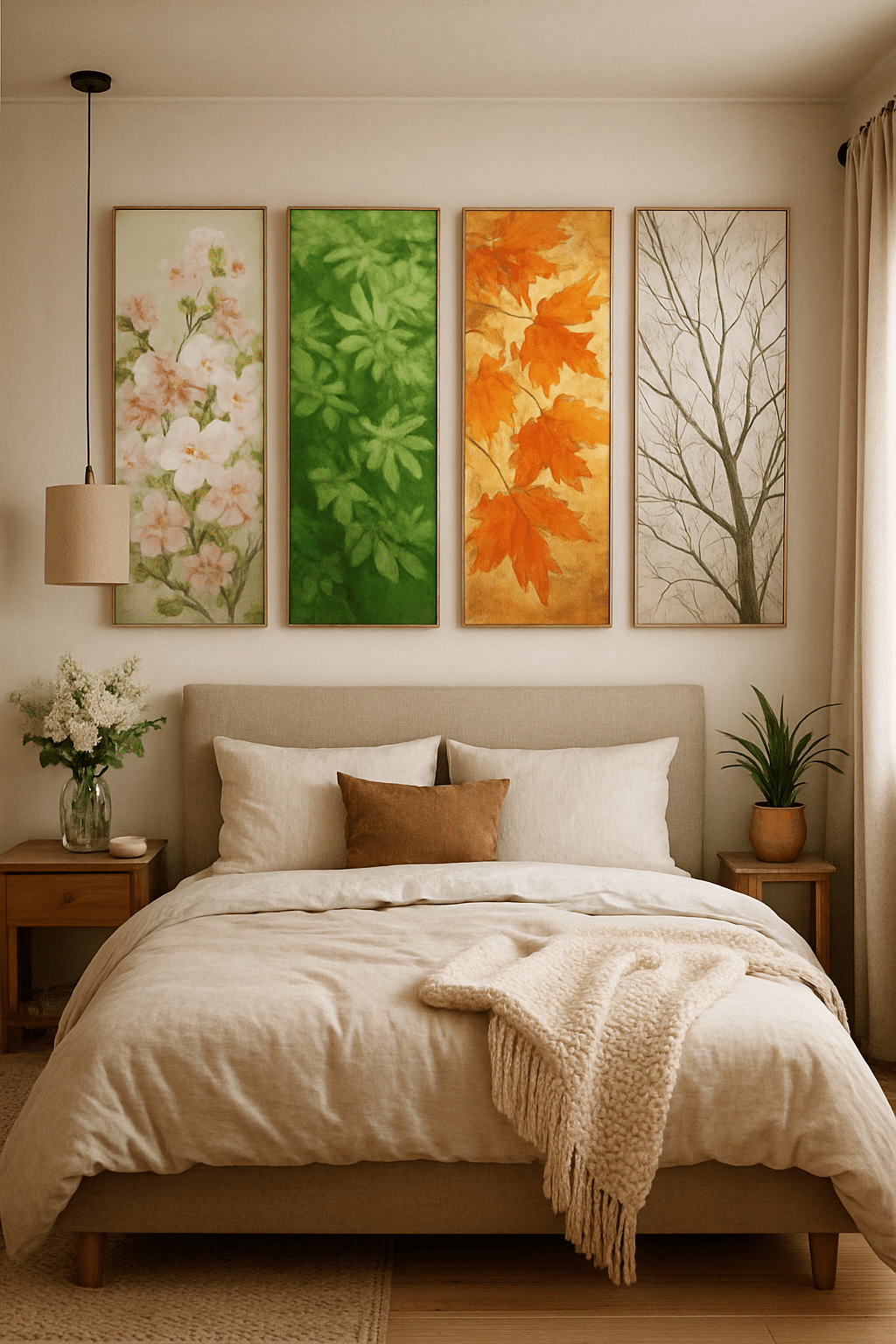 A cozy master bedroom with botanical-themed artwork representing different seasons.