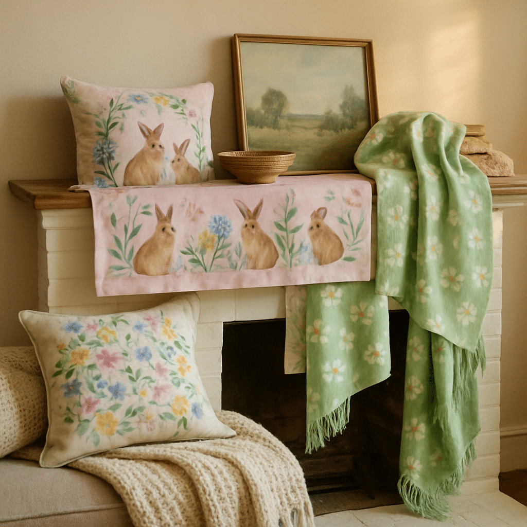 Easter mantle display with pink runner featuring bunnies, floral pillows, and a green throw