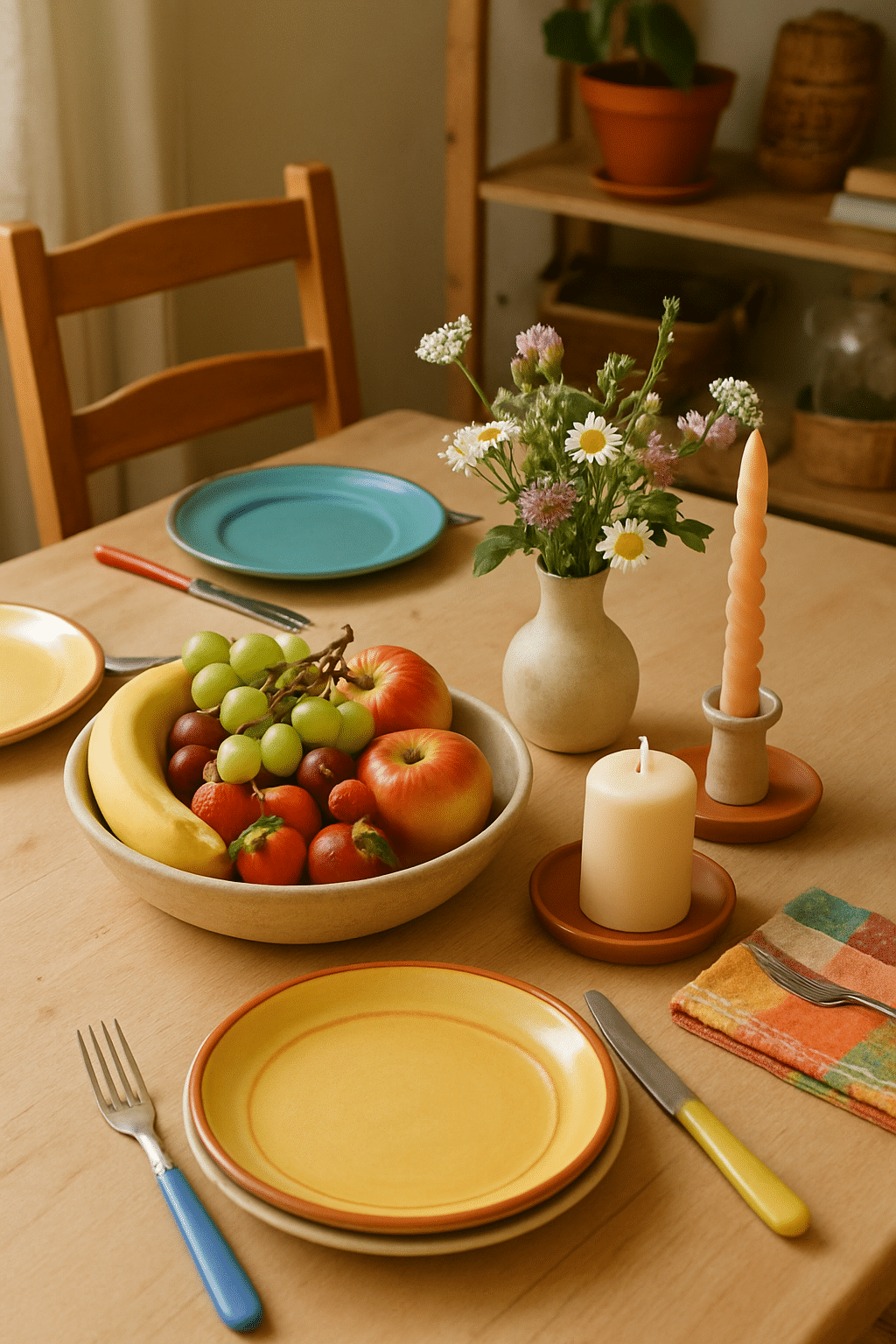 A breakfast table set with a fruit bowl, flowers, candles, and colorful plates.