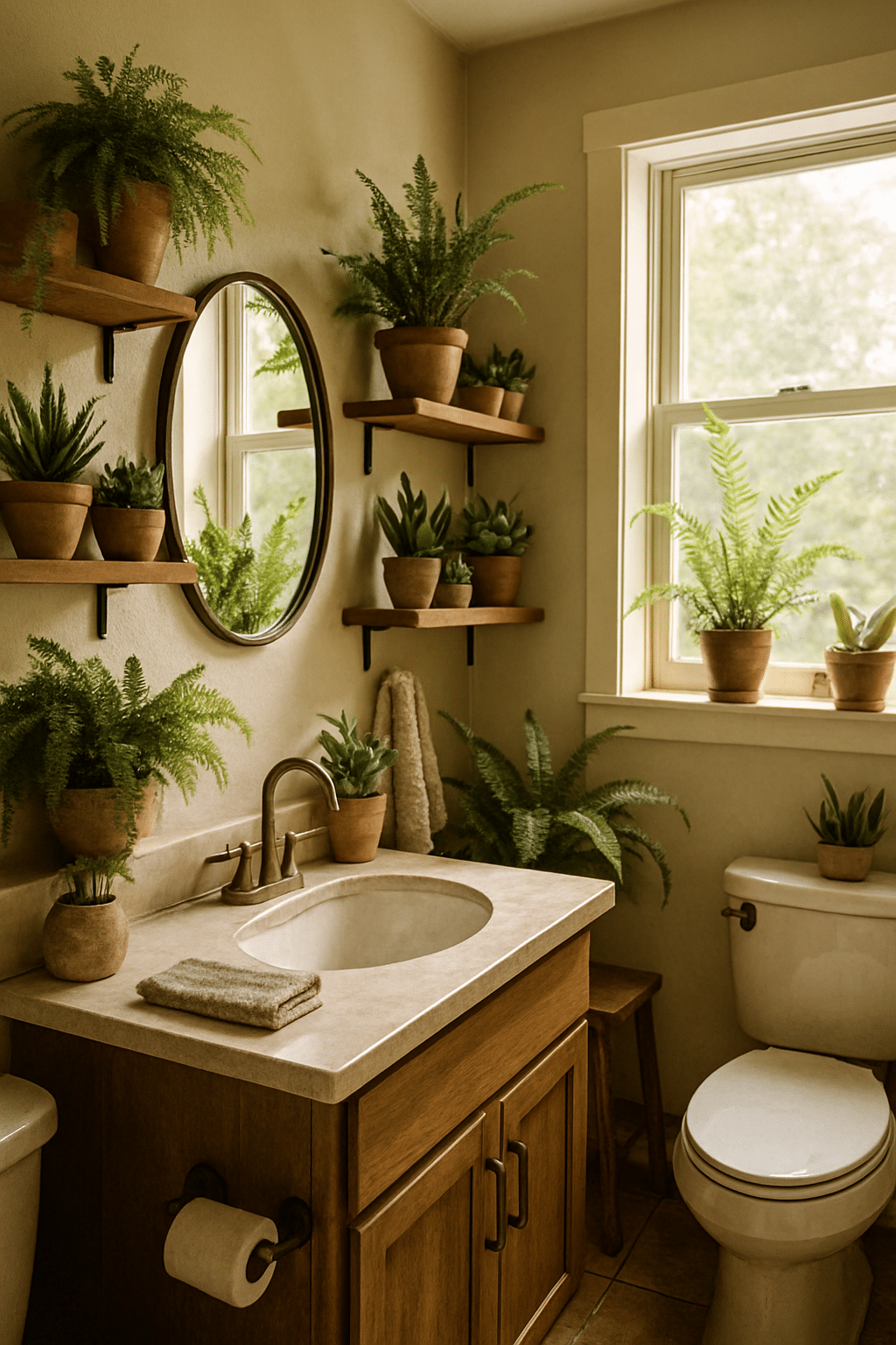 A cozy guest bathroom with indoor plants on shelves and a sink area.