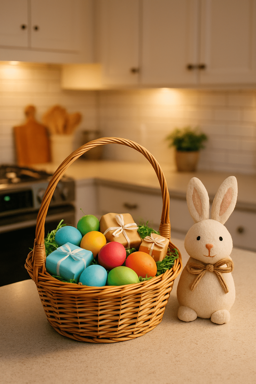 A charming Easter basket display with colorful eggs and gifts next to a cute bunny figure on a kitchen counter.