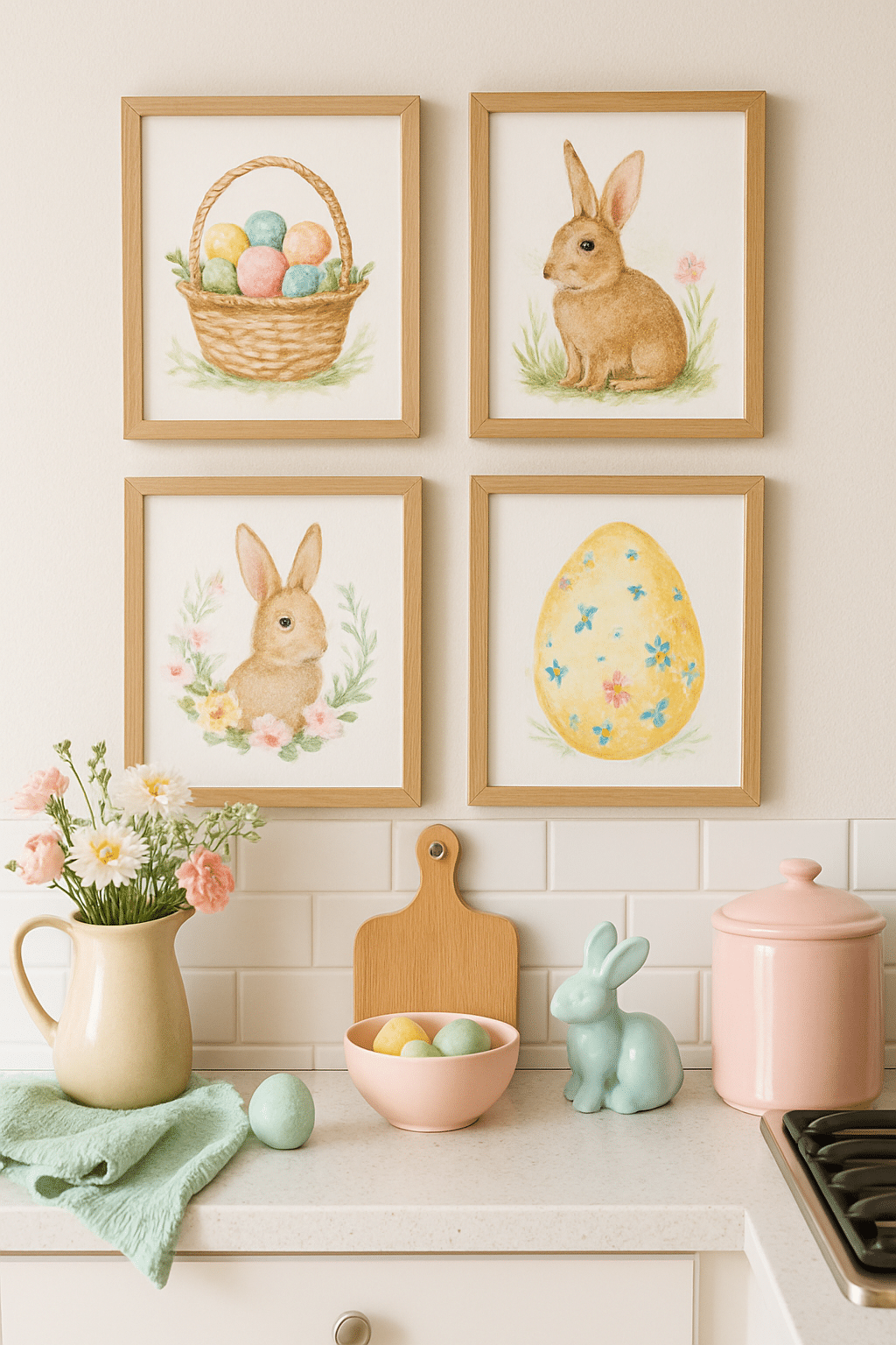 Charming seasonal artwork featuring bunnies and Easter eggs on a kitchen counter