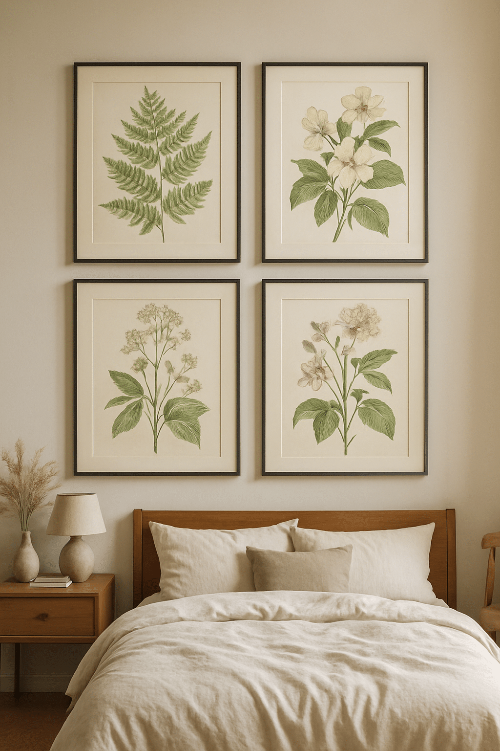 A master bedroom featuring four botanical prints on the wall above a wooden bed with neutral bedding.