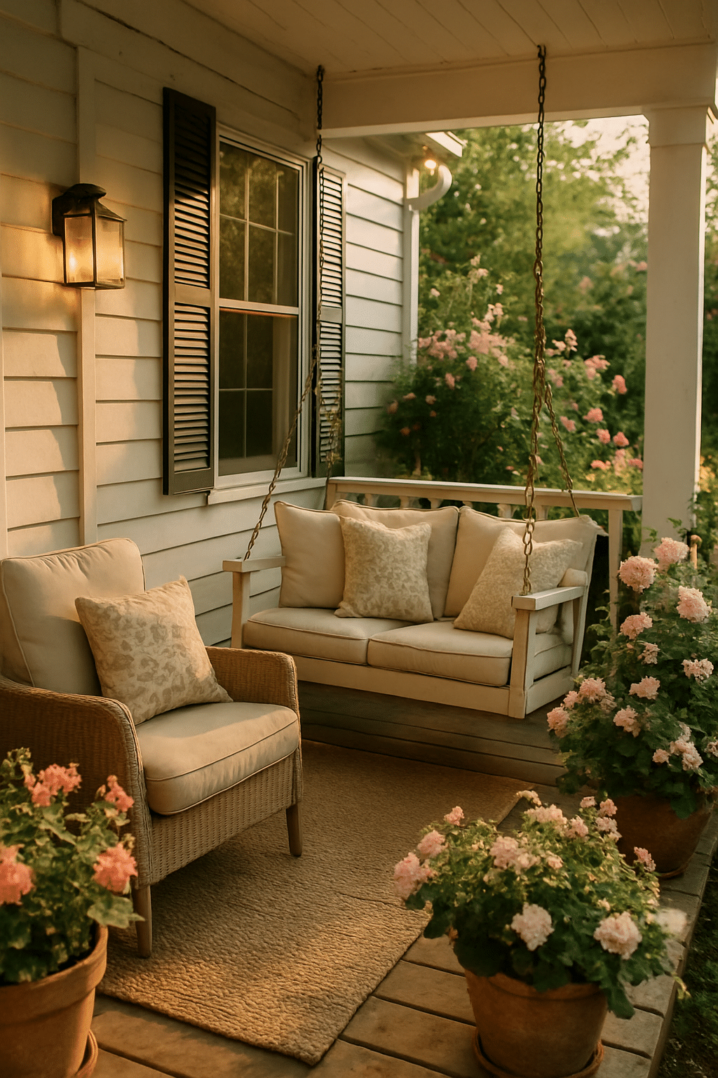 A cozy front porch with a swing and a chair, surrounded by potted flowers.