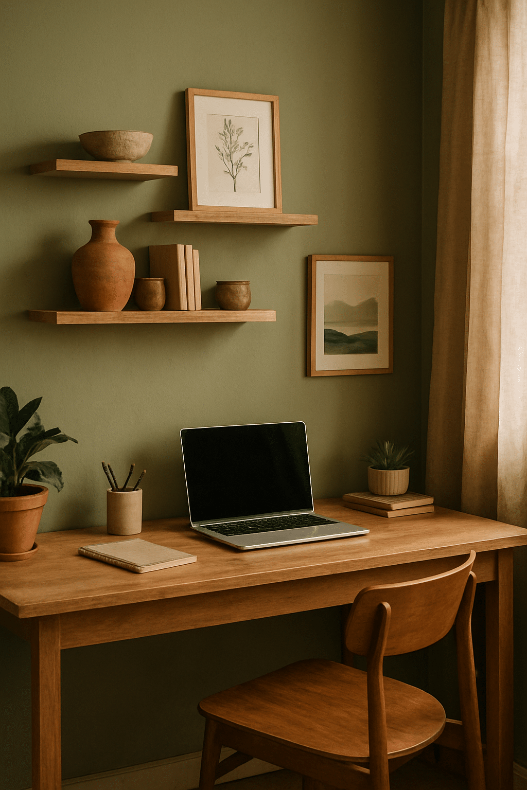 A calming home office with earthy color palette, featuring green walls, wooden furniture, and decorative plants.