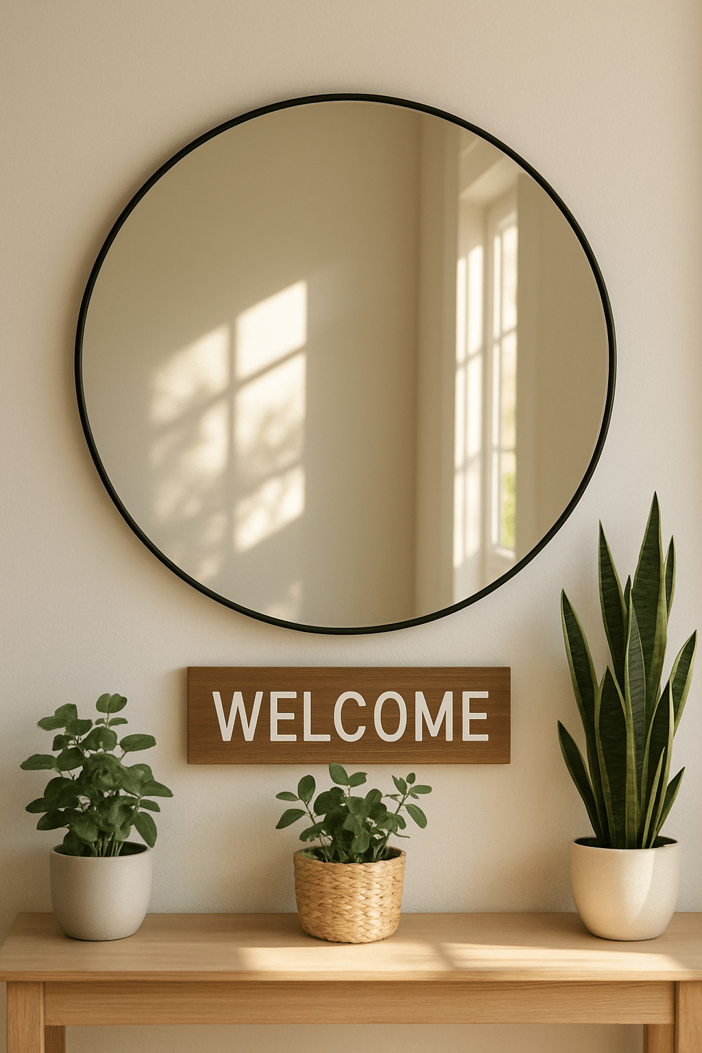 A round mirror with a black frame above a wooden table, featuring a welcome sign and potted plants.