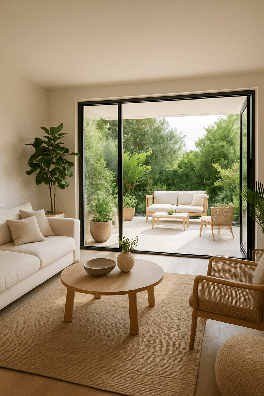 A cozy living room with large glass doors leading to a green outdoor space, featuring soft furniture and indoor plants.
