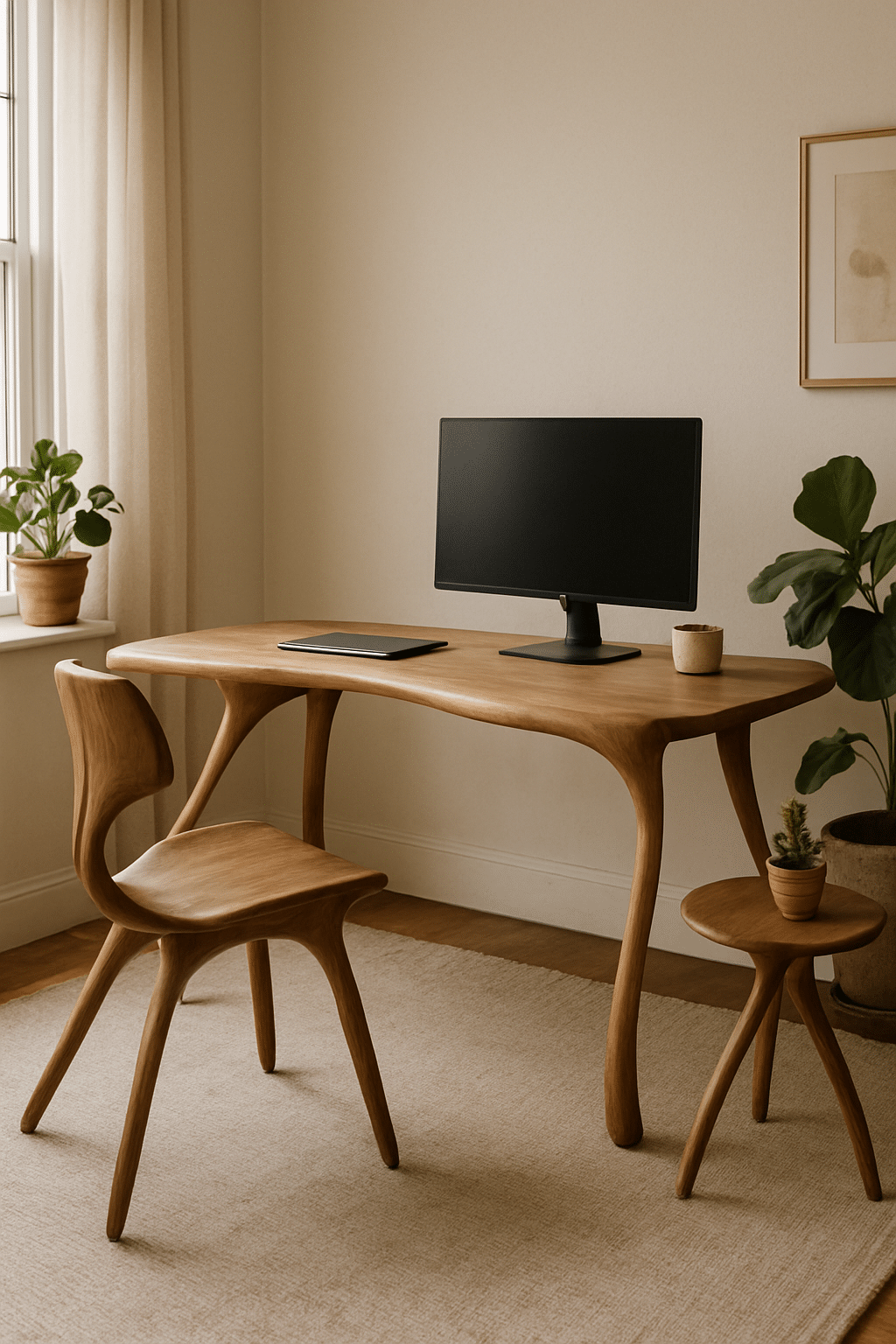A wooden desk and chair in a home office setting, with potted plants nearby.