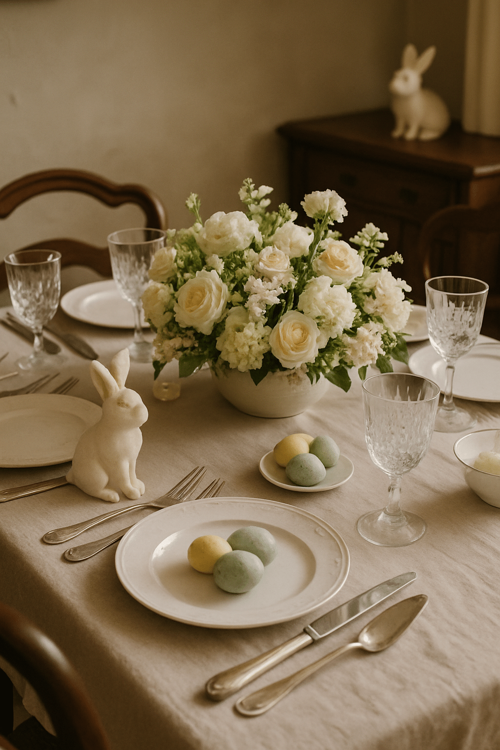 An elegant Easter dining table with white flowers, pastel eggs, and a bunny figurine.
