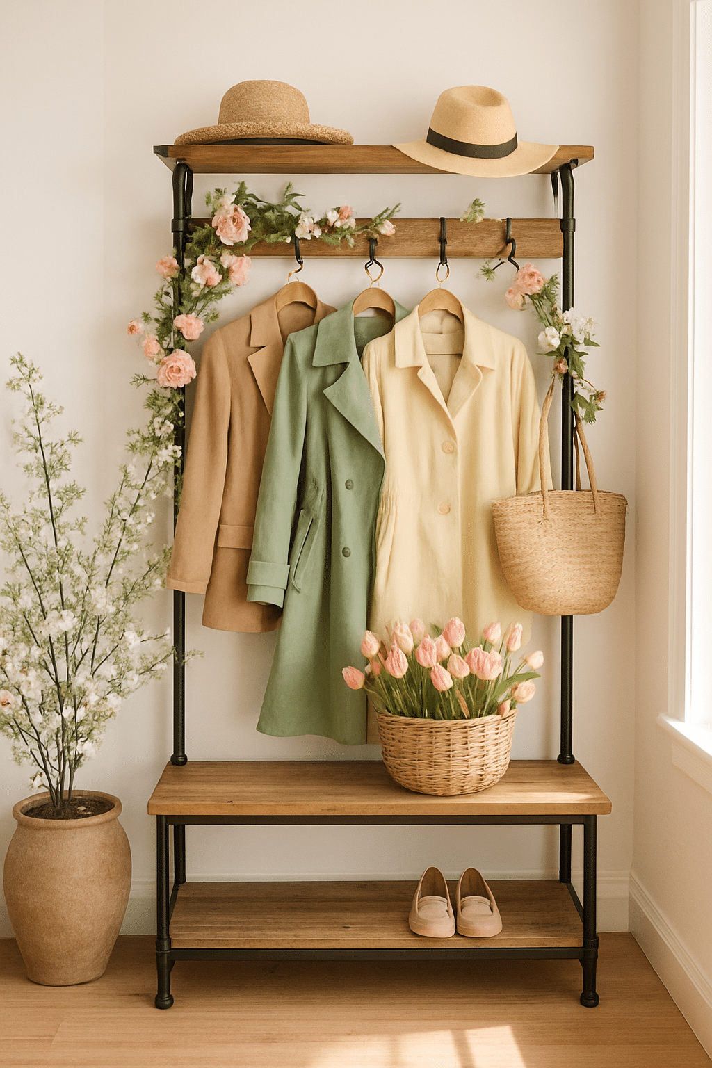 A stylish coat rack with colorful coats, hats, and flowers in a bright entryway.