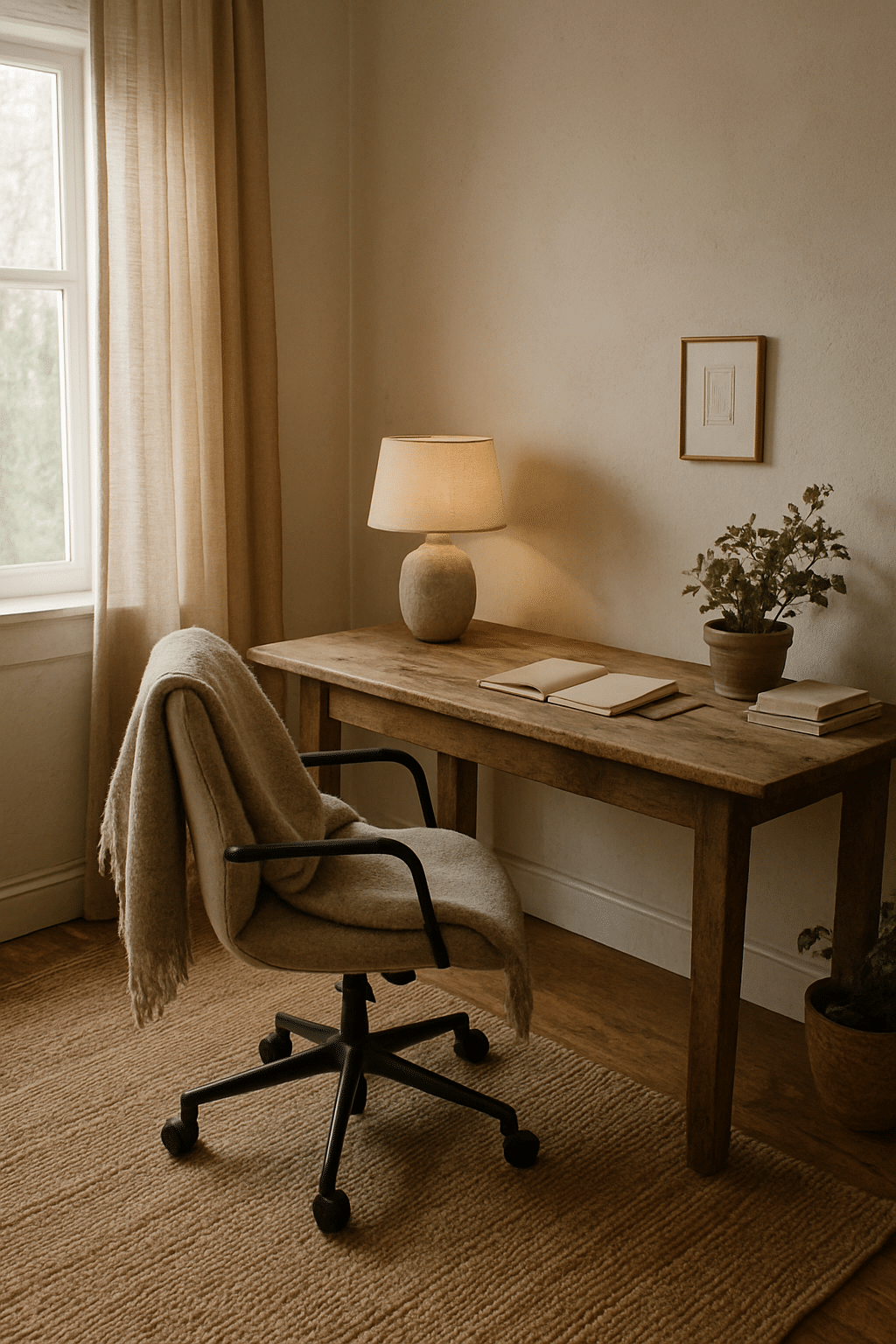 A cozy home office with a wooden desk, a comfortable chair, and natural textiles.