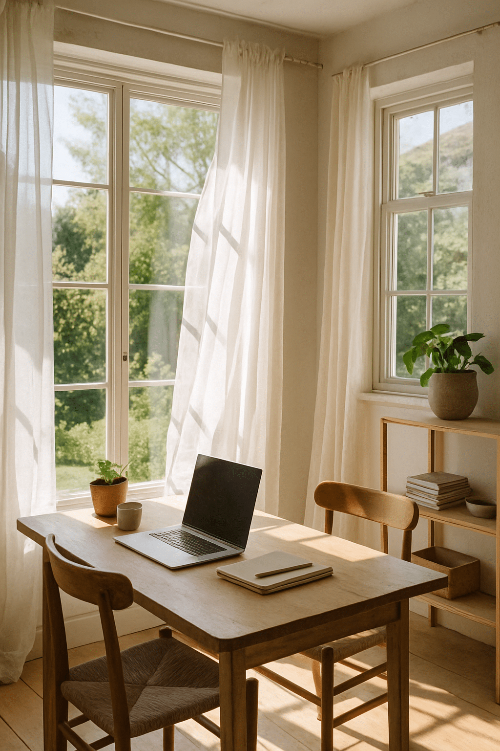 A bright home office with a wooden table, laptop, and plants, featuring large windows with sheer curtains.