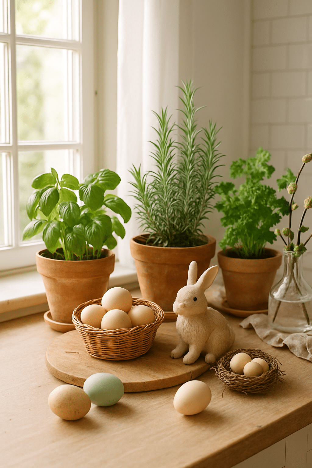 A kitchen counter with fresh herbs in terracotta pots, a bunny figurine, and a basket of eggs.