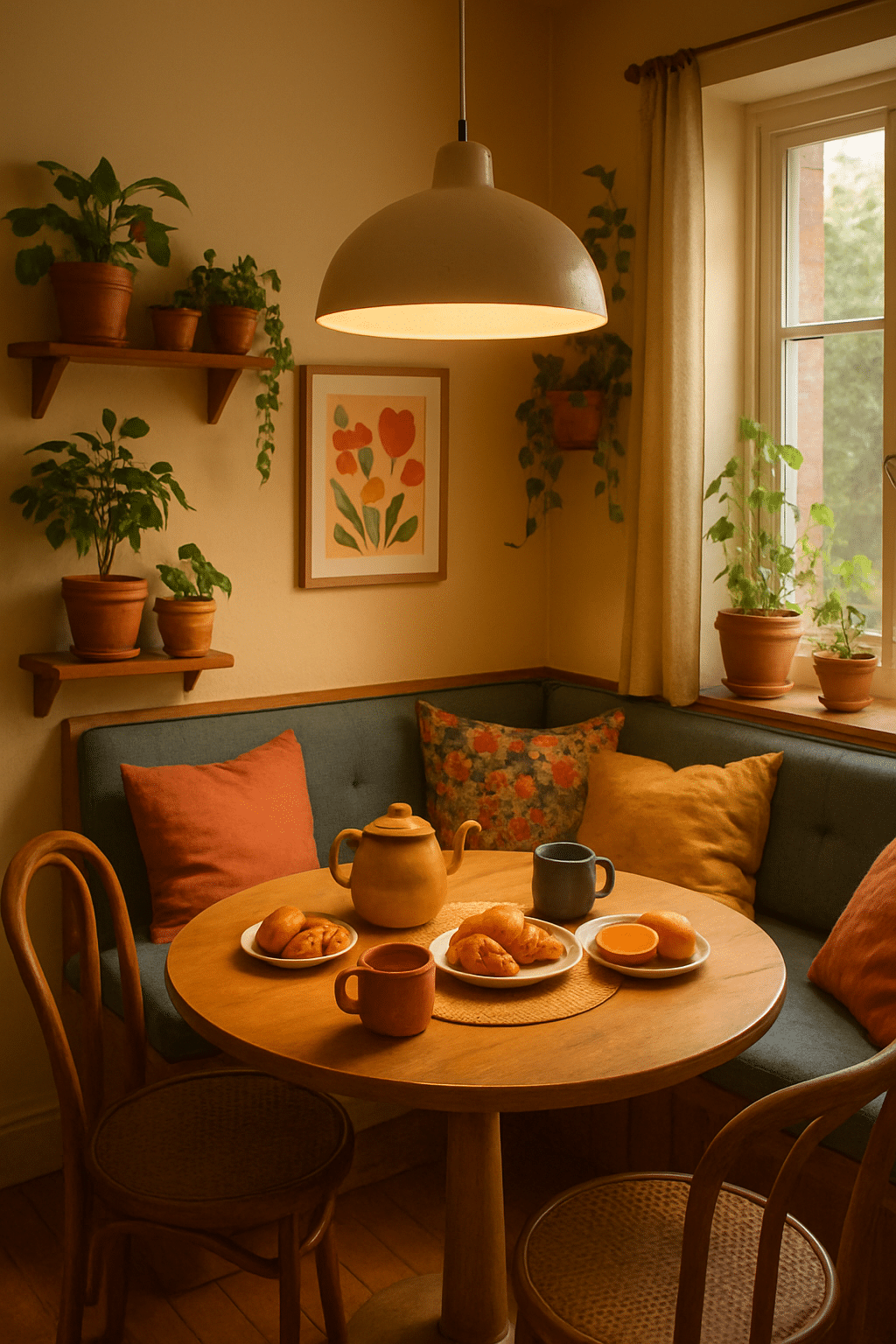 A cozy breakfast nook with warm lighting, plants, and a table set with food.