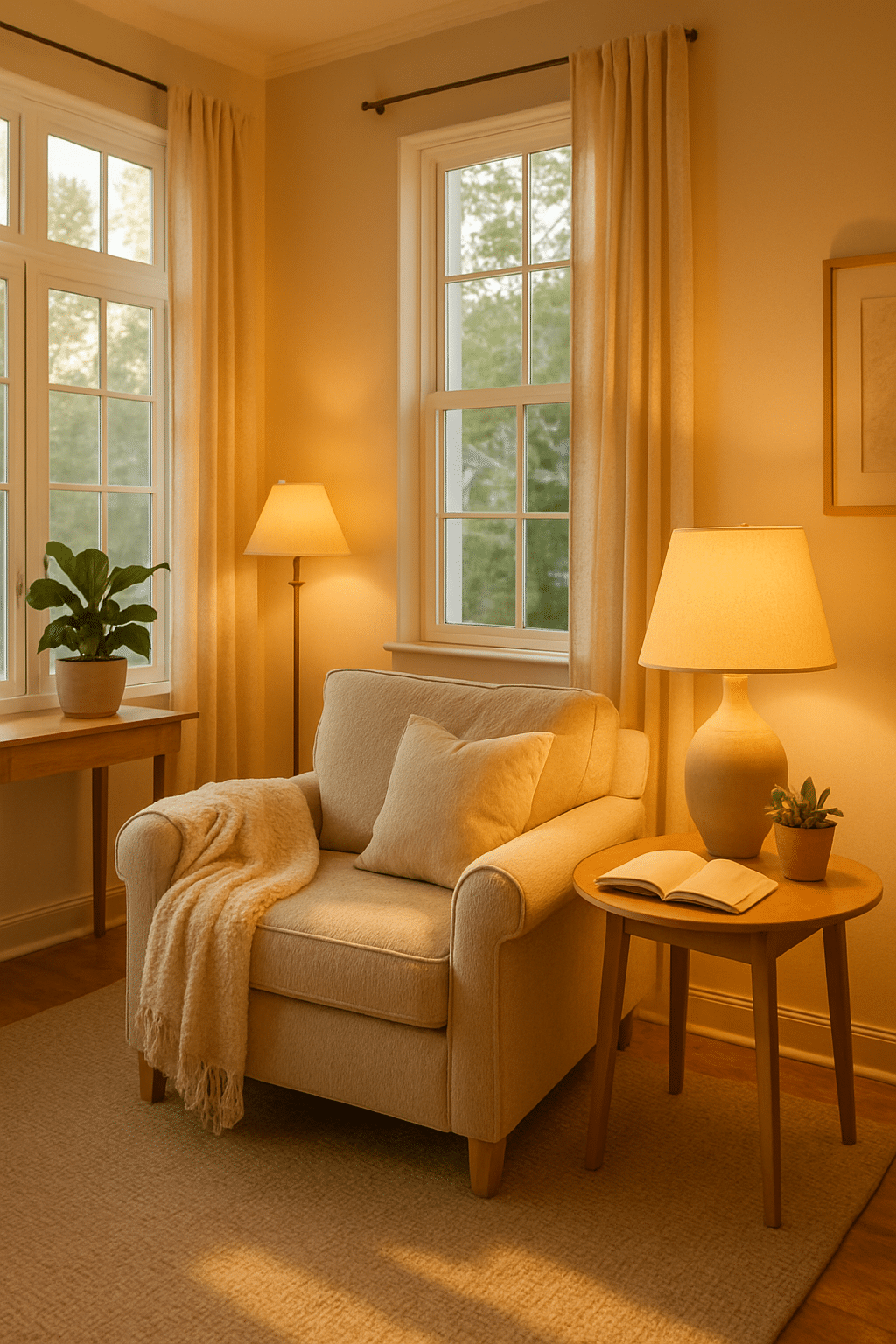 A cozy living room corner with natural light, a comfortable chair, a lamp, and plants.