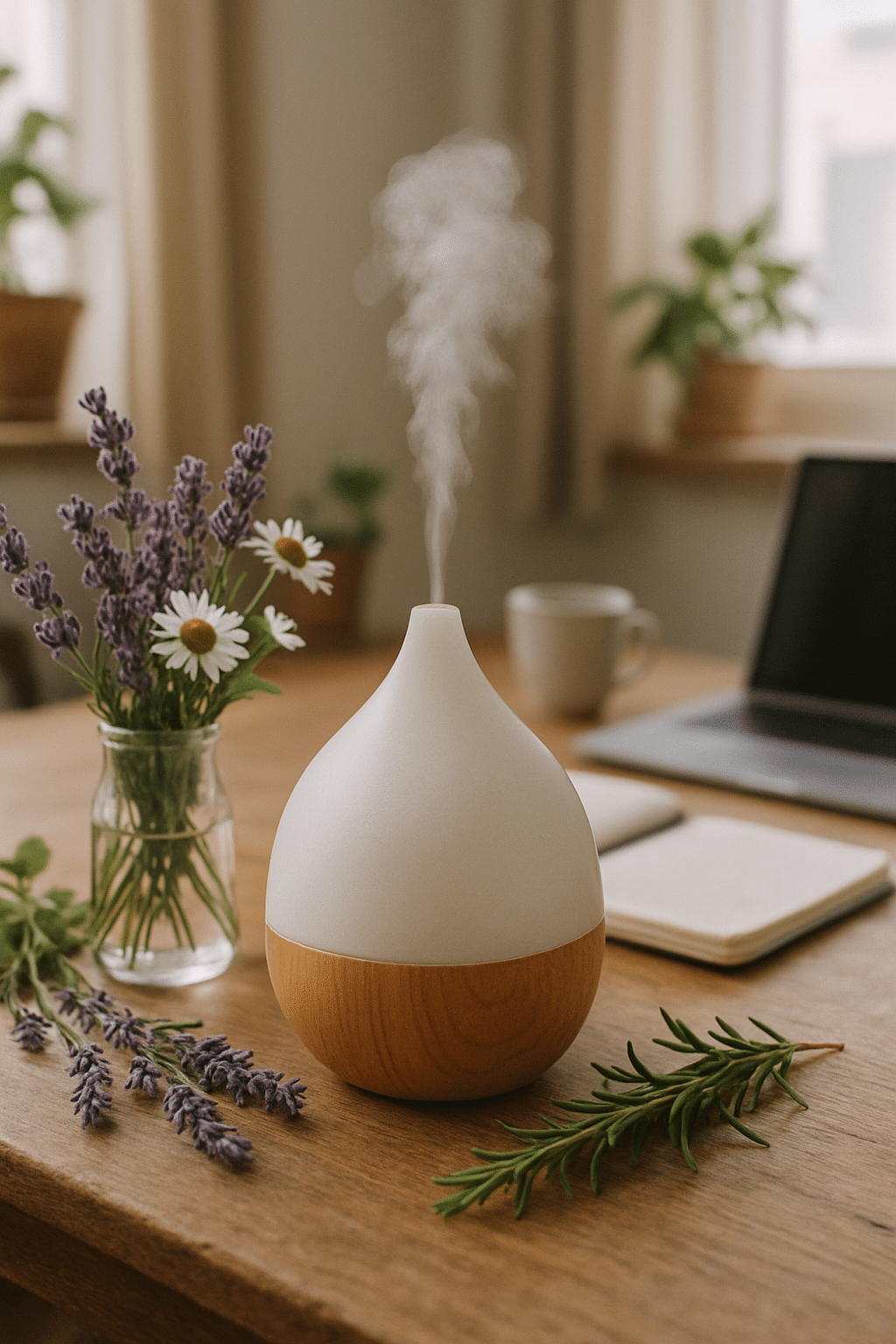 A stylish diffuser emitting mist, surrounded by fresh lavender, daisies, and rosemary on a wooden table.