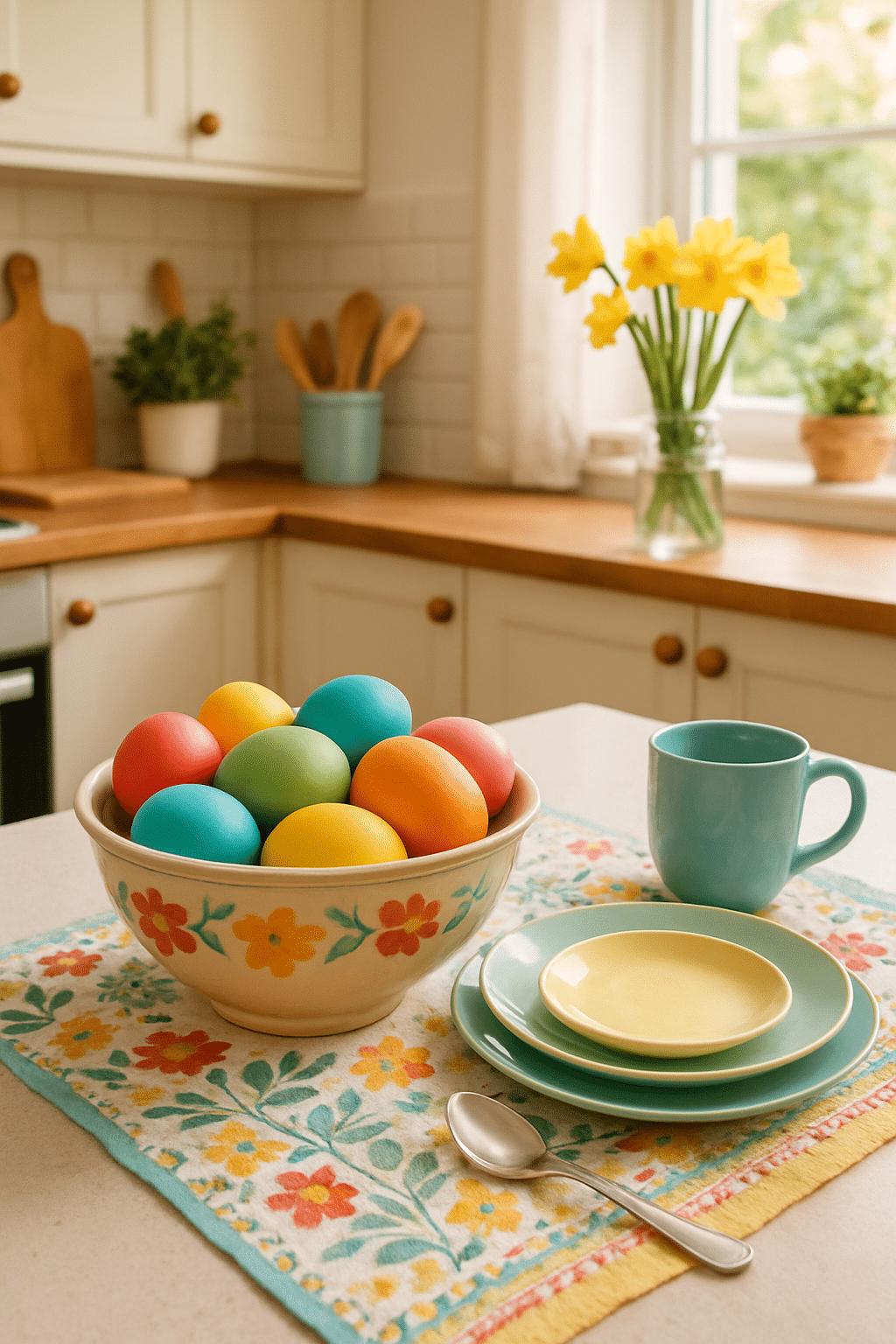 A bowl of colorful Easter eggs on a kitchen counter with a floral table runner and a vase of flowers.