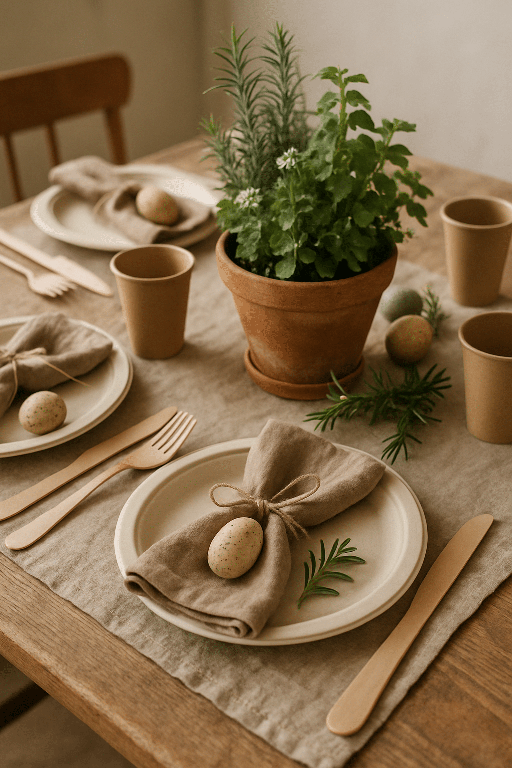 Eco-friendly Easter dining table setting with natural materials and potted herbs.
