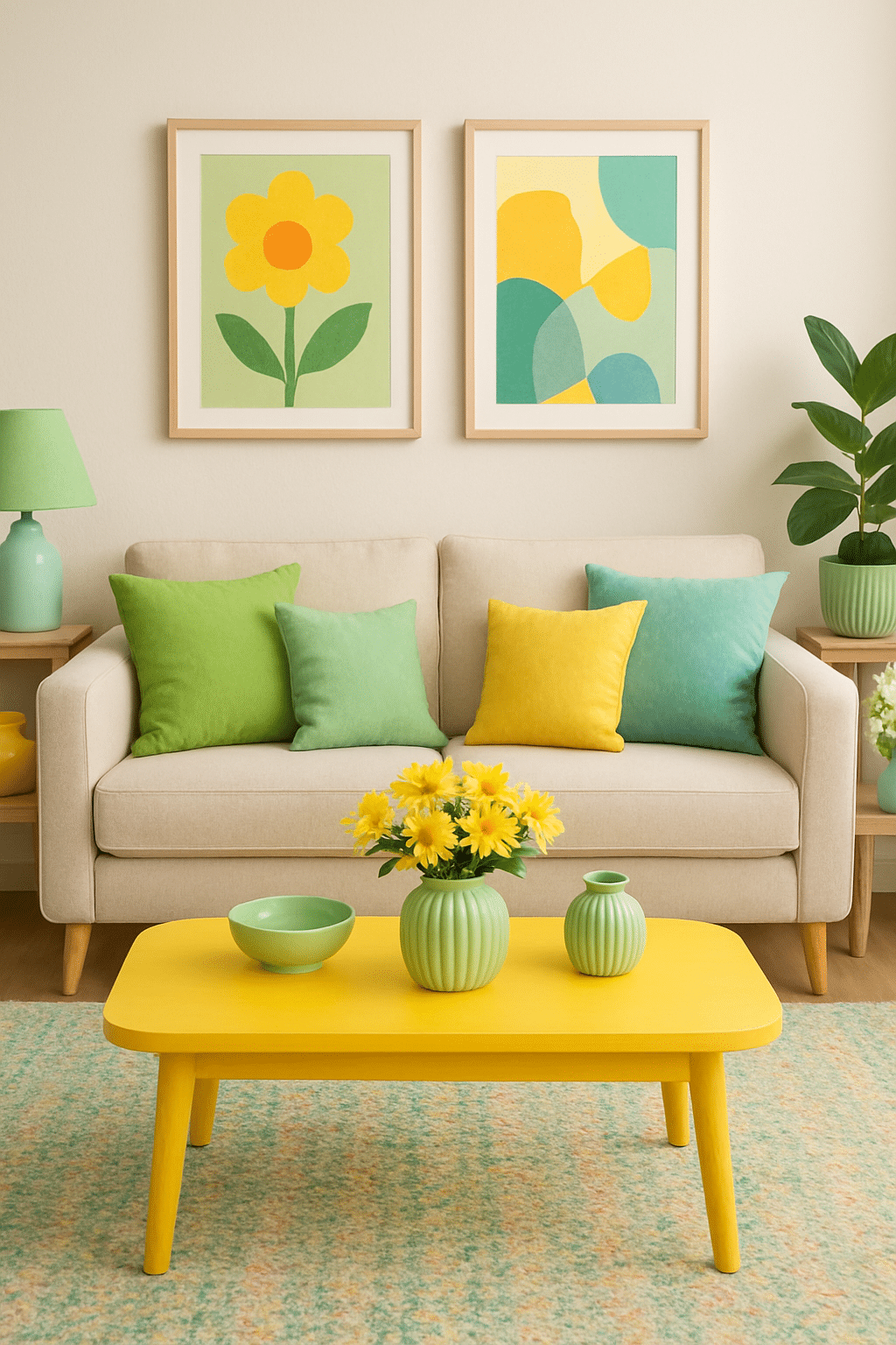 A bright living room with a beige sofa, colorful pillows, a yellow coffee table, and vibrant floral decorations.