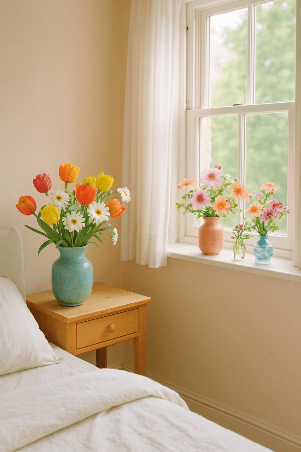 A master bedroom with colorful flowers on a bedside table and windowsill, showcasing tulips and daisies.