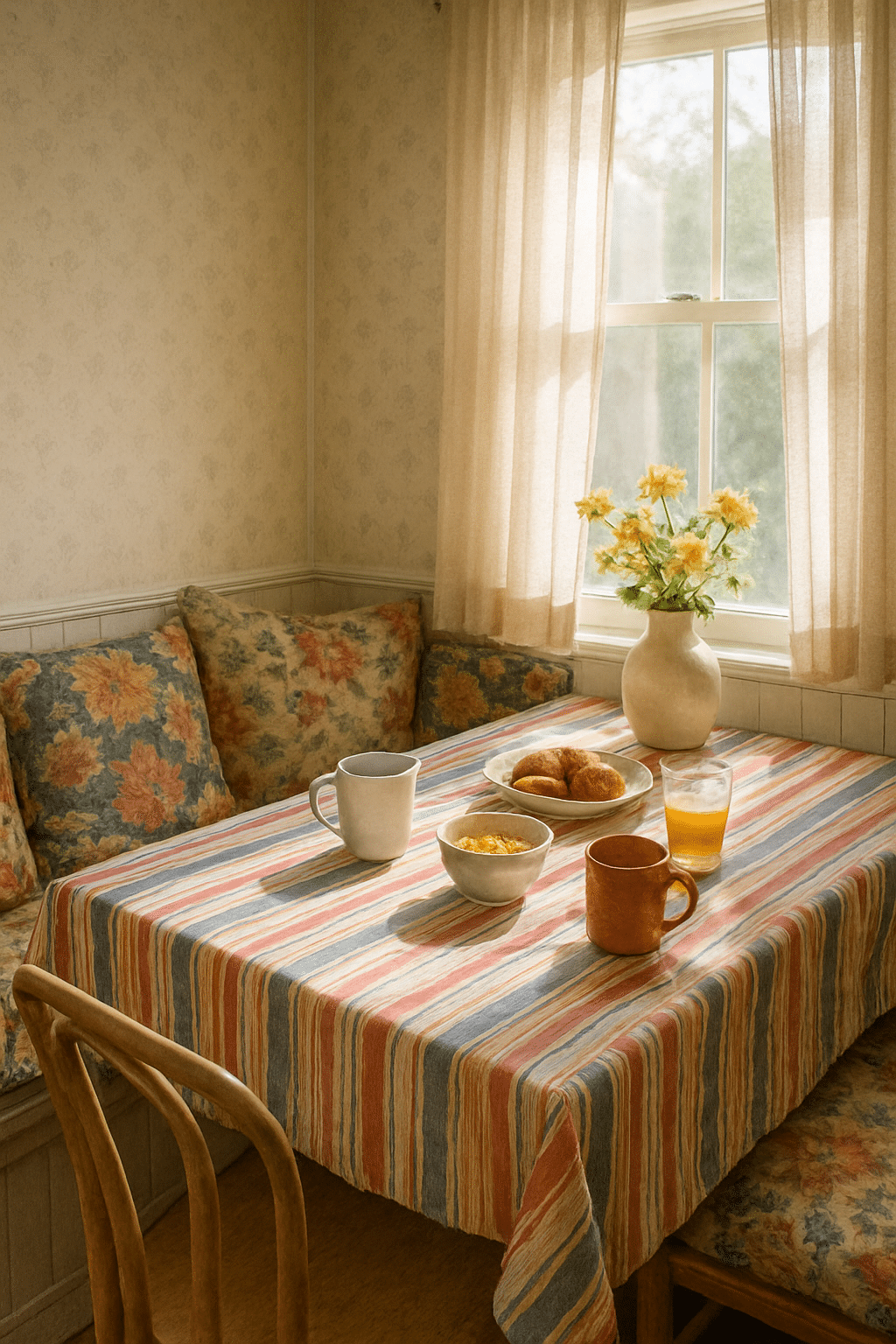 A cozy breakfast nook with a striped tablecloth, floral cushions, and a vase of yellow flowers.