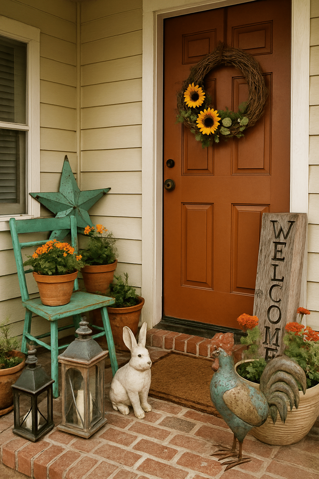 Charming front porch with a welcome sign, potted plants, and decorative figures.