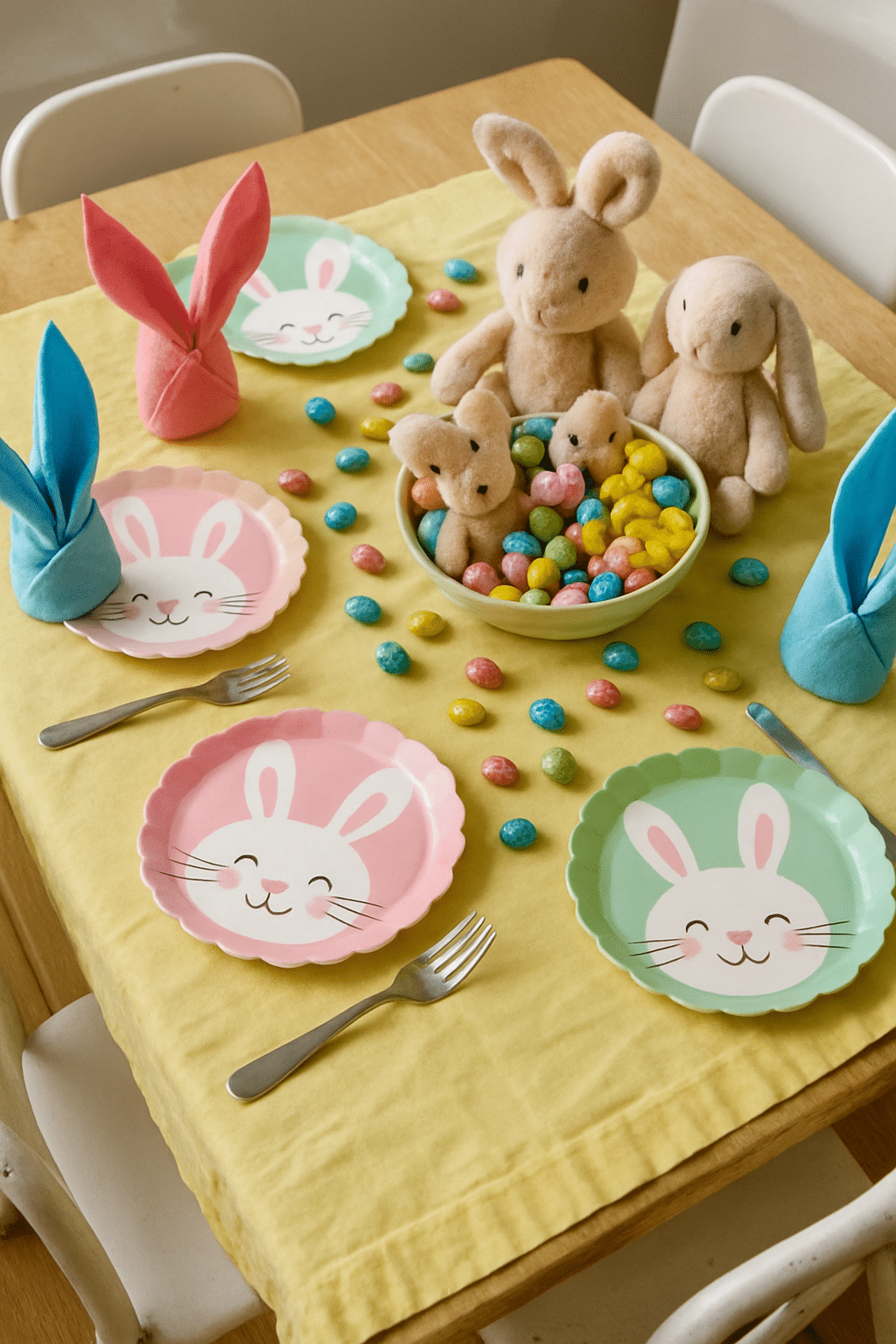 A playful Easter dining table setting for kids featuring bunny-themed plates, colorful candy eggs, and plush bunny toys.