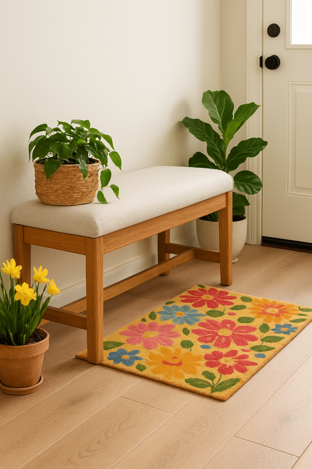 A cozy entryway bench with a cushioned seat, surrounded by plants and a colorful floral rug.
